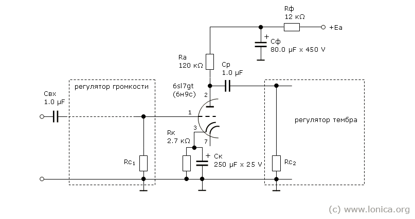 Схема первого каскада предусилителя на триоде 6н9с